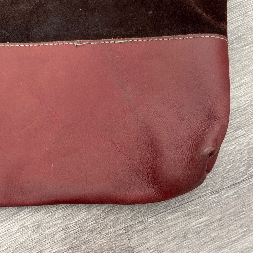 Handmade Suede and Leather Brown and Burgundy Fold Over Slouchy Bucket Bag - Picture 5 of 14